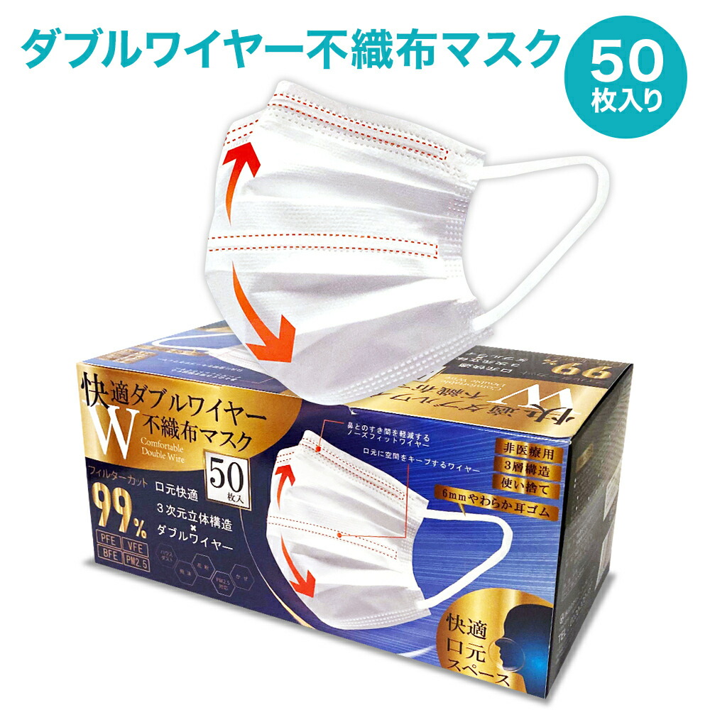 楽天市場】快適 ダブルワイヤー 不織布 マスク 50枚入 ふつうサイズ