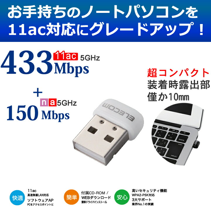 楽天市場】エレコム 無線LANアダプター 11ac 433Mbps 超小型 無線LAN子