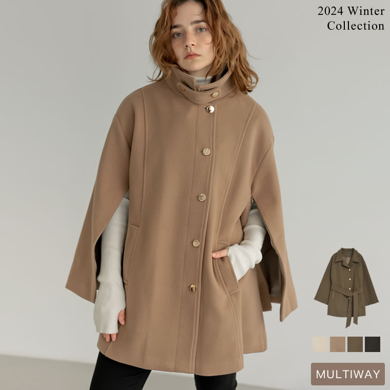 楽天市場】マルチウェイフェイクウールポンチョ風金ボタンミドルコート