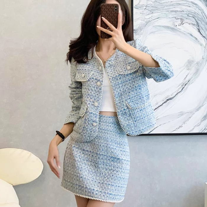 楽天市場】スカートセットアップ ノーカラー ツイード パール 長袖