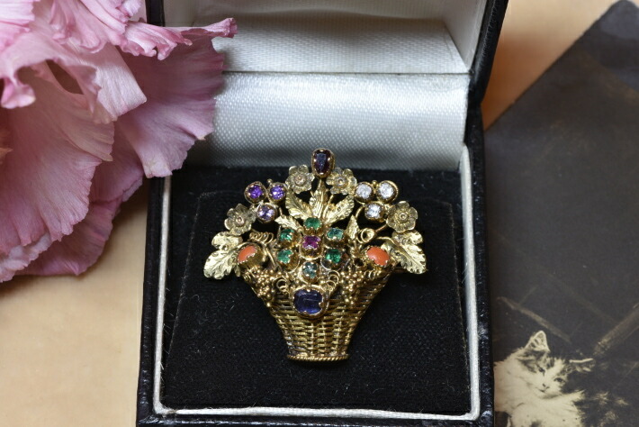 楽天市場】アンティーク ジュエリー 花籠 ブローチ ピン【18ct