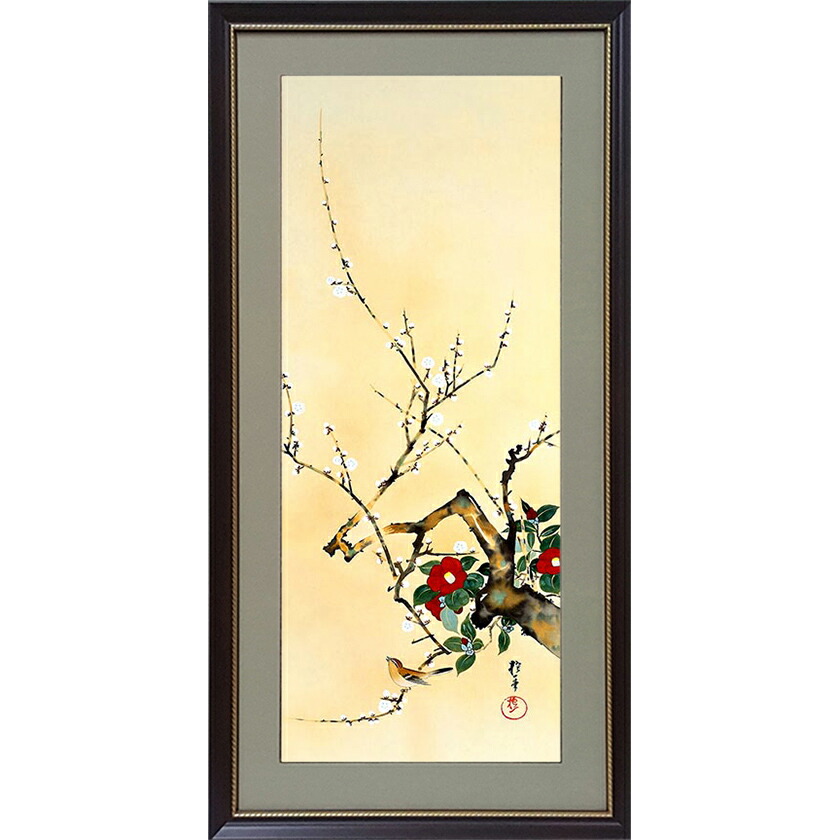 楽天市場】酒井抱一 「十二か月花鳥図」 一月 梅椿に鶯図 額装 : 光