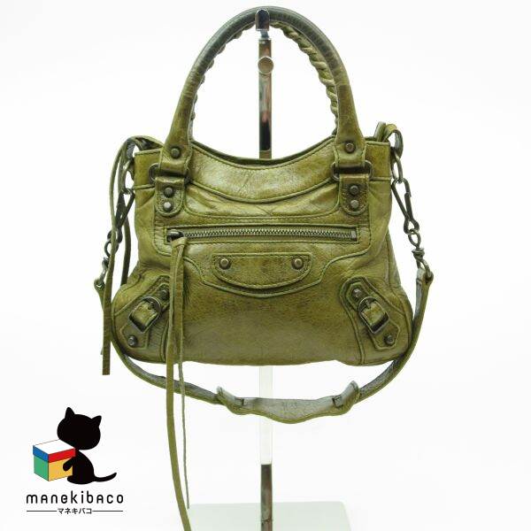 BALENCIAGA カーキレザーバッグ 保存袋付 バレンシアガ大きめ