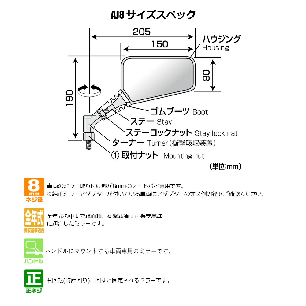 楽天市場】【 左右別型 片側1本 】 TANAX AJ-8 ナポレオンミラー