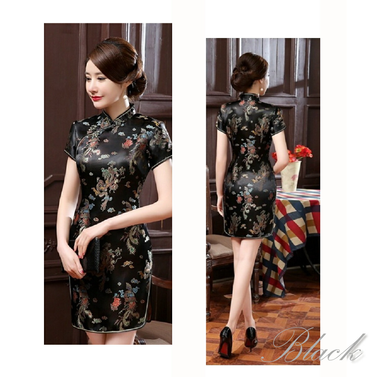 楽天市場】チャイナドレス 龍 鳳凰 半袖 ミニ ブルー レッド パープル