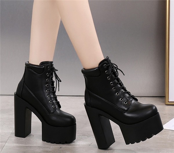 楽天市場】厚底 ブーツ 太め ヒールブーツ レースアップ ブーツ チャン