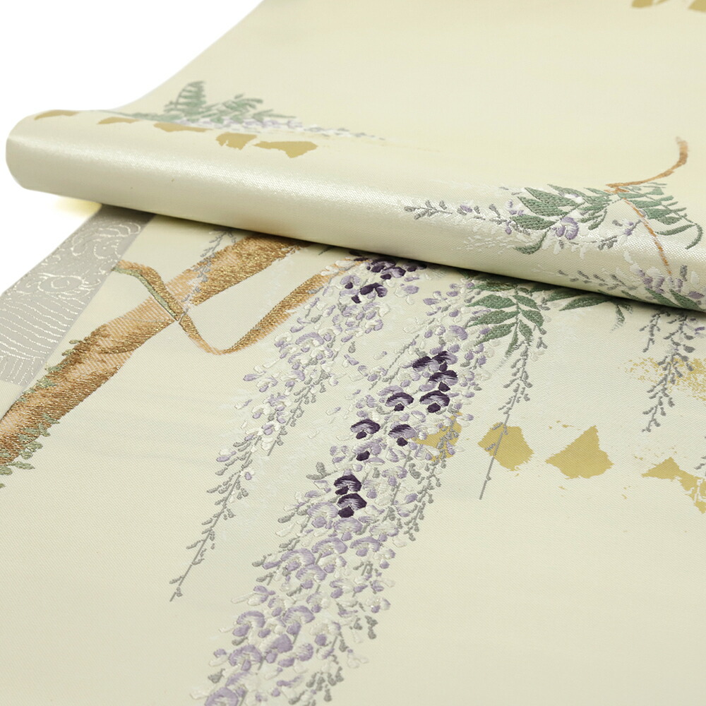 楽天市場】袋帯 正絹 浅山織物 真珠箔 白地 生成 藤の花 西陣織 唐織