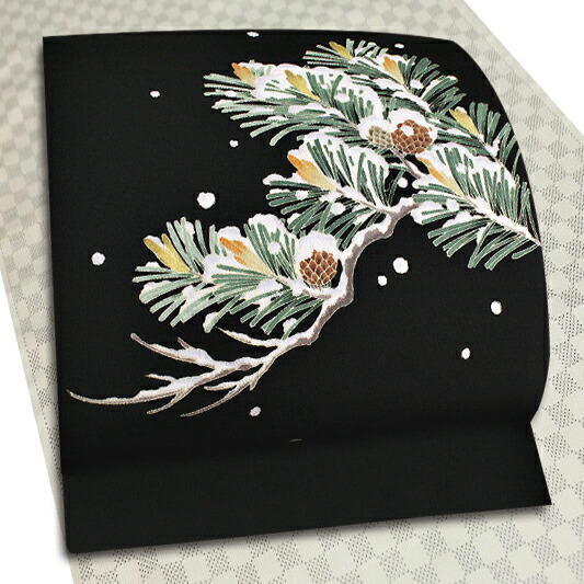 楽天市場】名古屋帯 十日町友禅 秀美 黒 雪持ち松 雪 松 九寸 反物