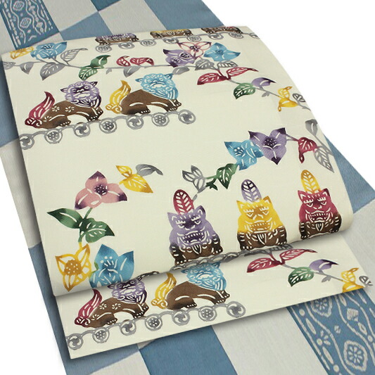 楽天市場】名古屋帯 正絹 カジュアル 江戸紅型 白 シーサー 花唐草 花