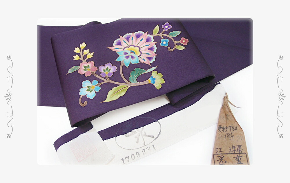 楽天市場】岡重 名古屋帯 九寸 紫 更紗柄 京友禅 正絹 五泉 駒塩瀬 未