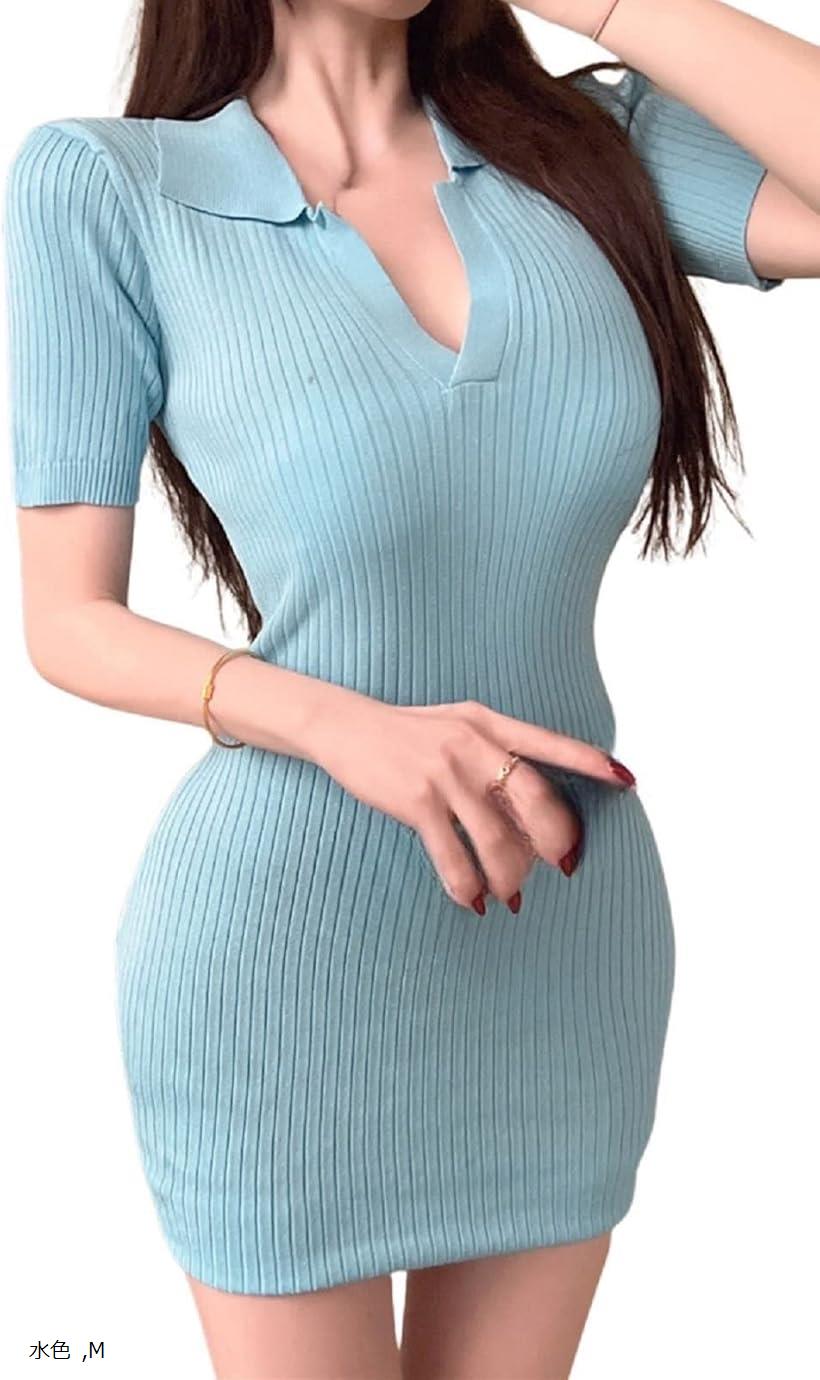 楽天市場】Vネック ニット 半袖 ミニ ワンピース タイト セクシー リブ