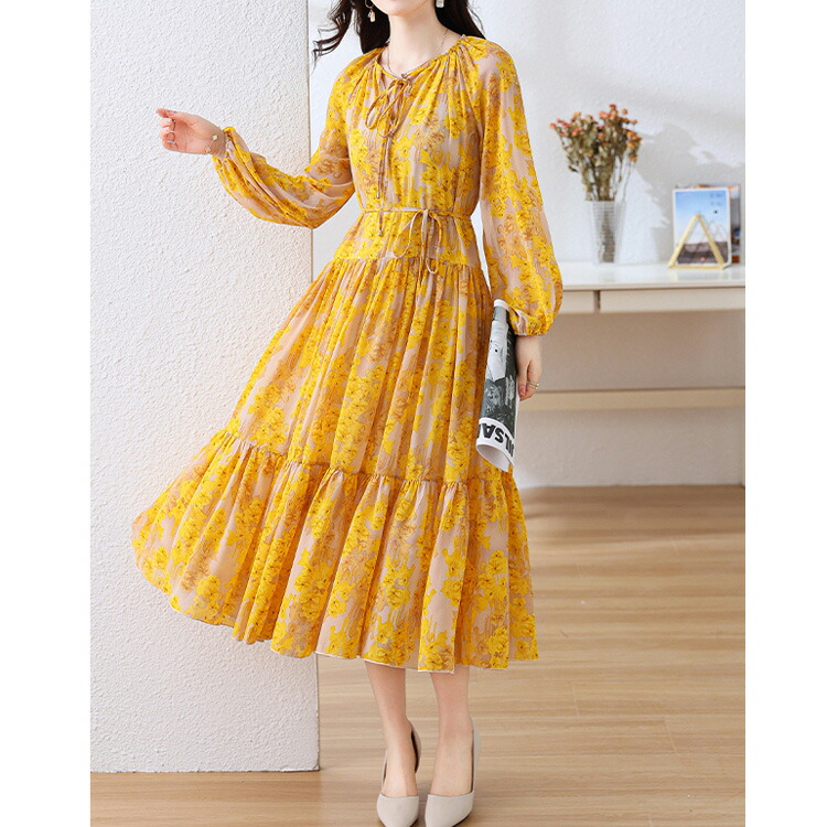 楽天市場】花柄ワンピース 全2色 ティアード フレア 長袖 花柄