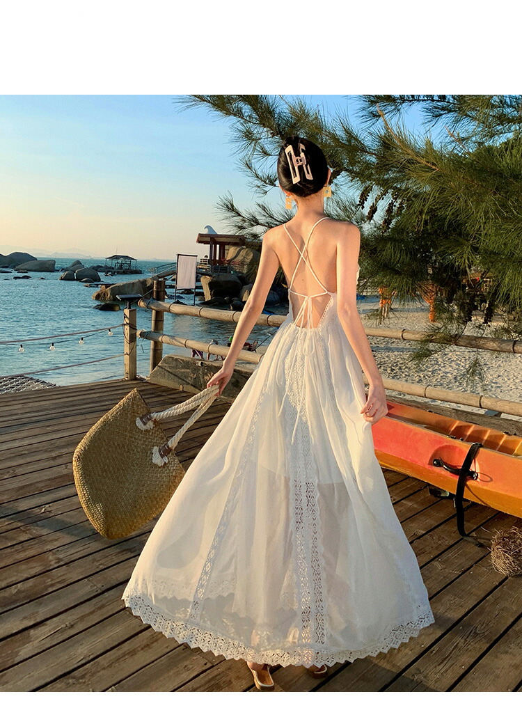 楽天市場】リゾートワンピ レース 白 バックオープン ノースリーブ