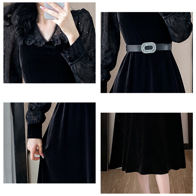 楽天市場】ベロアワンピース ベルト付き フラワーモチーフ Vネック