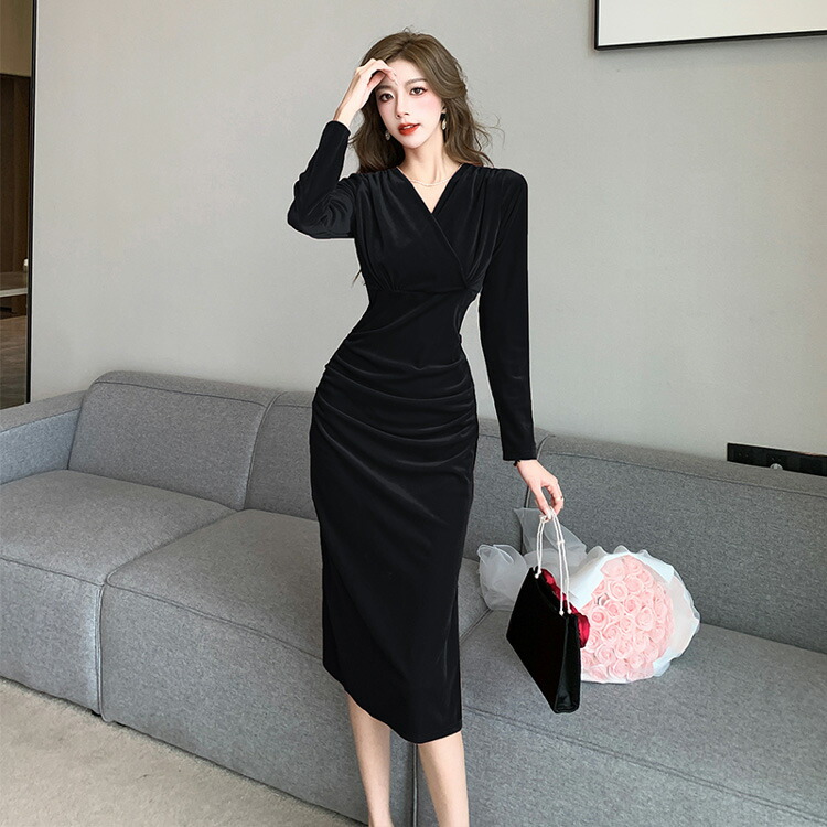 楽天市場】ベルベット タイト ワンピース 長袖 ベルベット Vネック