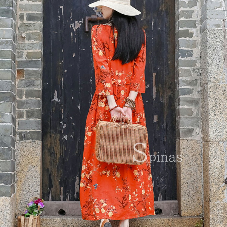 楽天市場】絵画のような絵柄のワンピース 七分袖 花柄 ハイウエスト