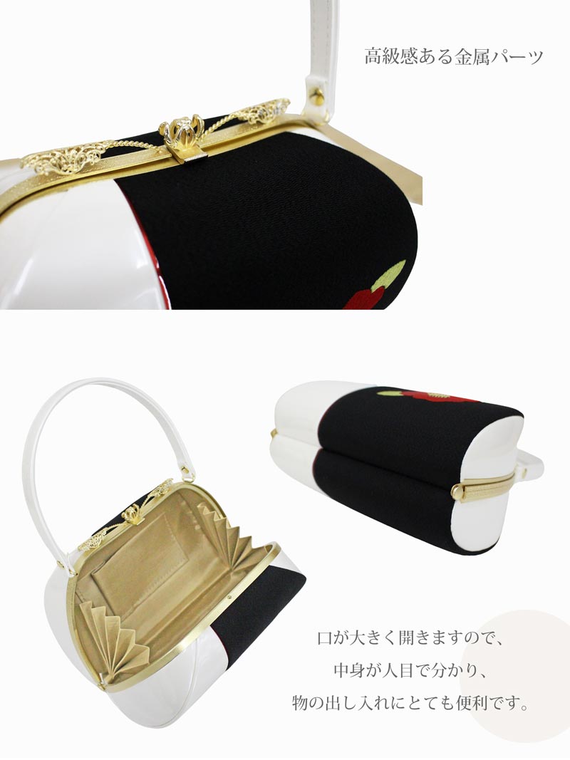 楽天市場】振袖用 バッグ BAG 椿柄 刺繍 白 黒 赤 エナメル ちりめん