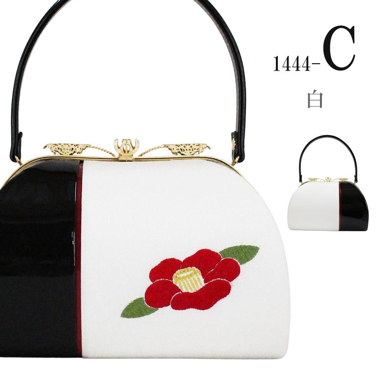 楽天市場】振袖用 バッグ BAG 椿柄 刺繍 白 黒 赤 エナメル ちりめん