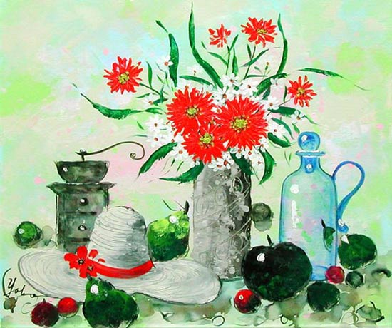 ガラスの花瓶に生けた花の静物画（油絵肉筆画）（680×680） ガラスの