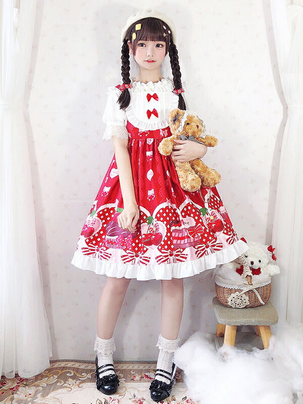 楽天市場】甘いロリータJSKドレスチェリープリント弓赤ロリータ