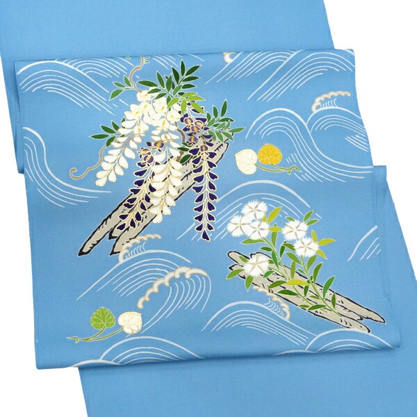 楽天市場】工芸キモノ野口 塩瀬名古屋帯 水色 仕立て付き 正絹 染め帯