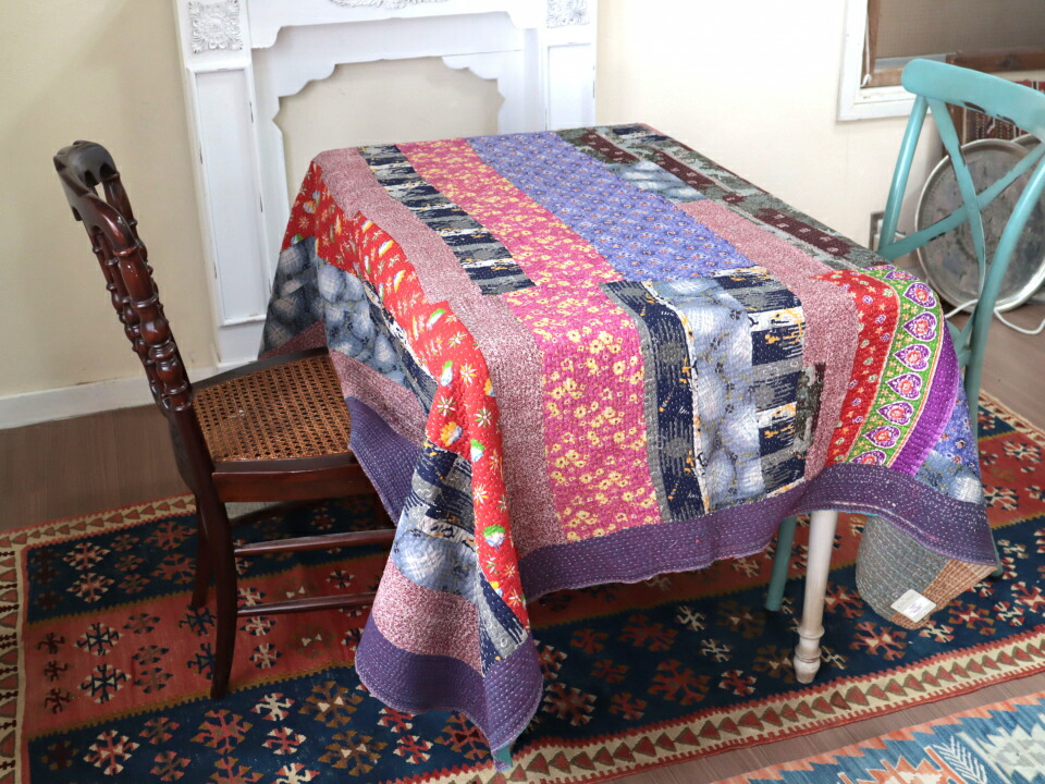 楽天市場】カンタ刺繍 ラリーキルト インドの古布210×152cmパープル系