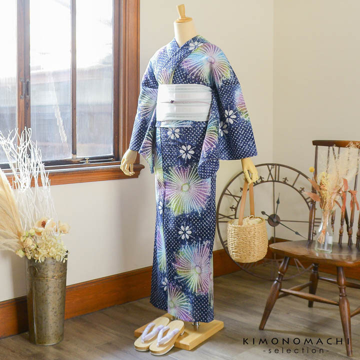 楽天市場】お仕立て上がり絞り浴衣単品 花しぼり「スターライト 紺×虹