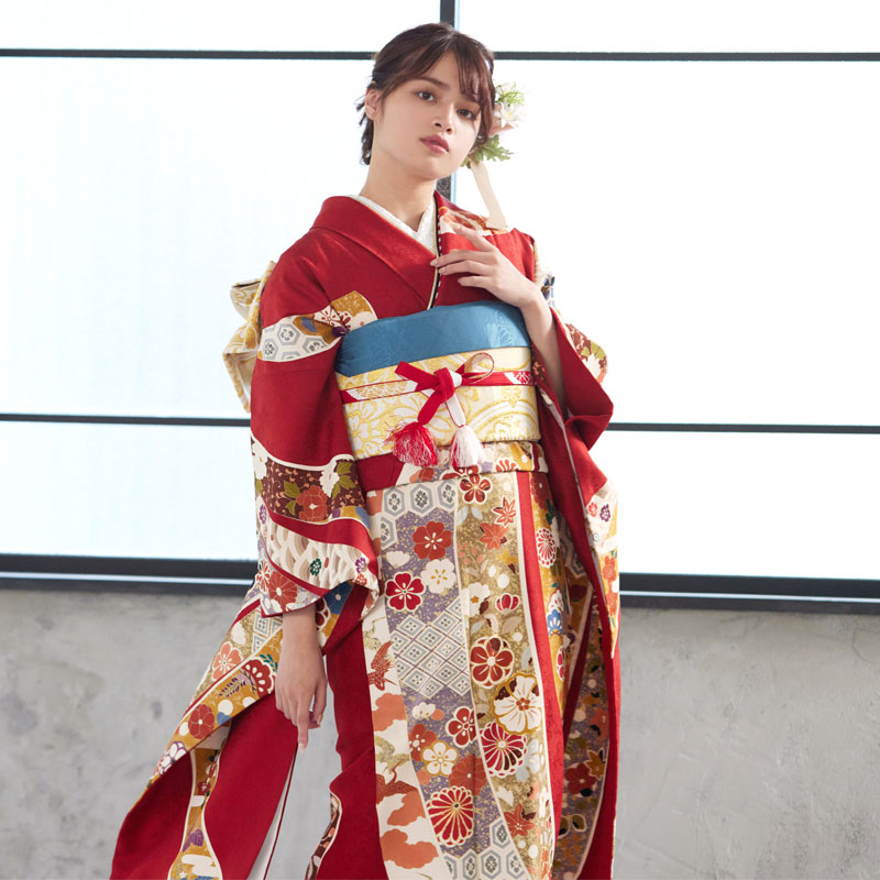 楽天市場】【成人式 振袖 レンタル】RS092 正絹 赤 熨斗柄伝統文様フル