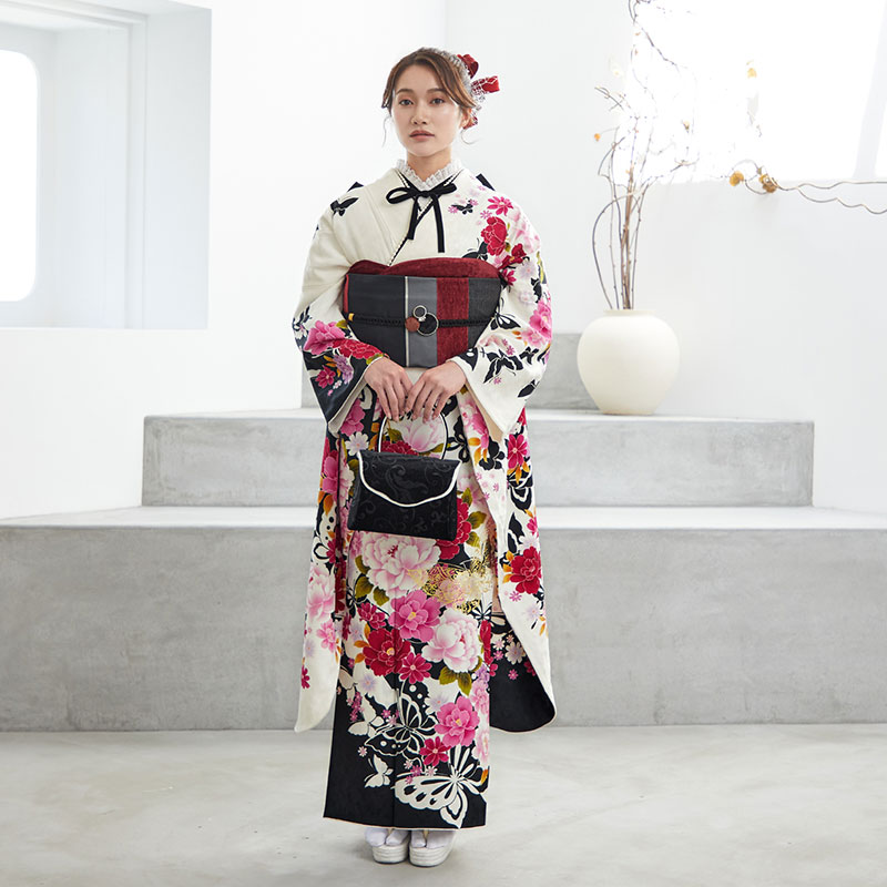 楽天市場】【成人式 振袖 レンタル】RS1631 正絹 黒白 花と蝶フル