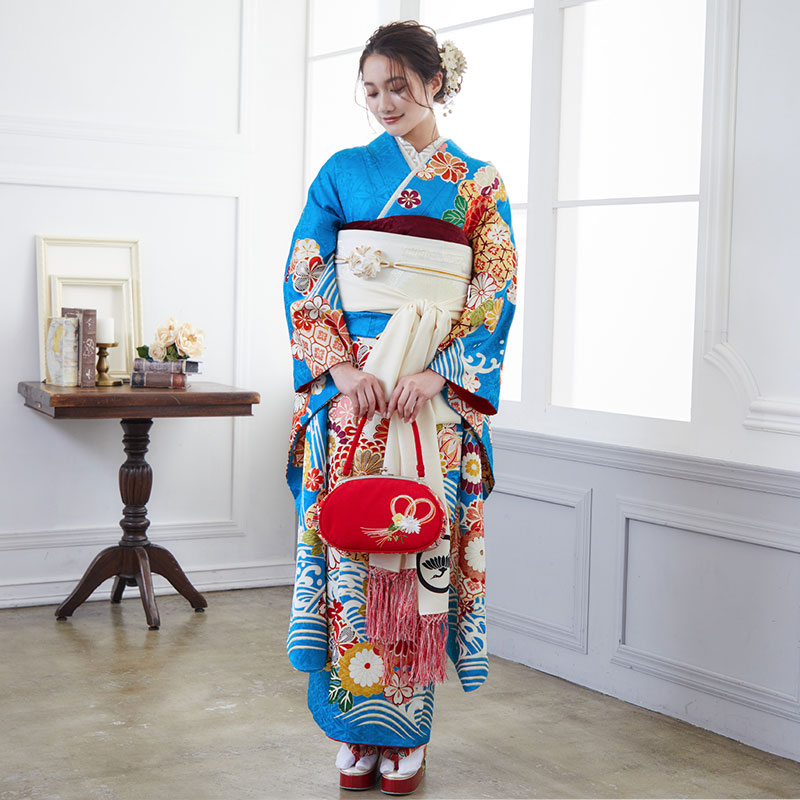 楽天市場】【成人式 振袖 レンタル】RS1754 正絹 青 波に雲取り菊（絹