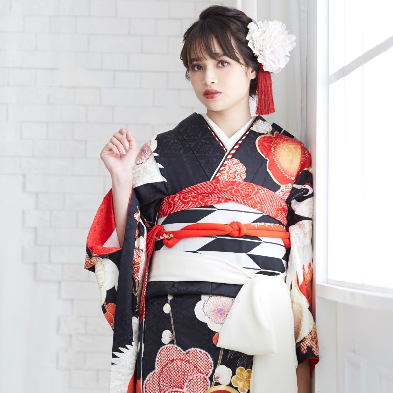 楽天市場】【成人式 振袖 レンタル】RS1755 正絹 黒 梅に鶴フルセット