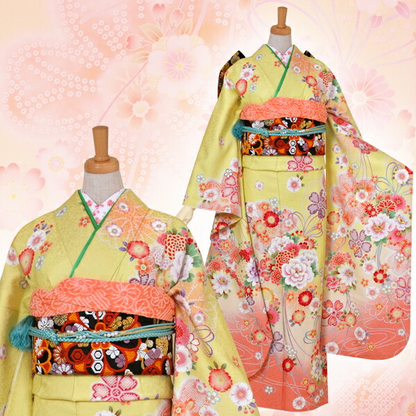 楽天市場】【成人式 振袖 レンタル】RS1054 正絹 黄 花くす玉に八重桜
