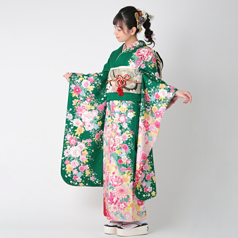 楽天市場】【成人式 振袖 レンタル】RS1330 正絹 緑 桜熨斗に牡丹フル