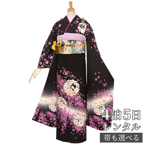 楽天市場】【振袖 レンタル】 結婚式 結納R605 正絹 黒 花紋に桜吹雪