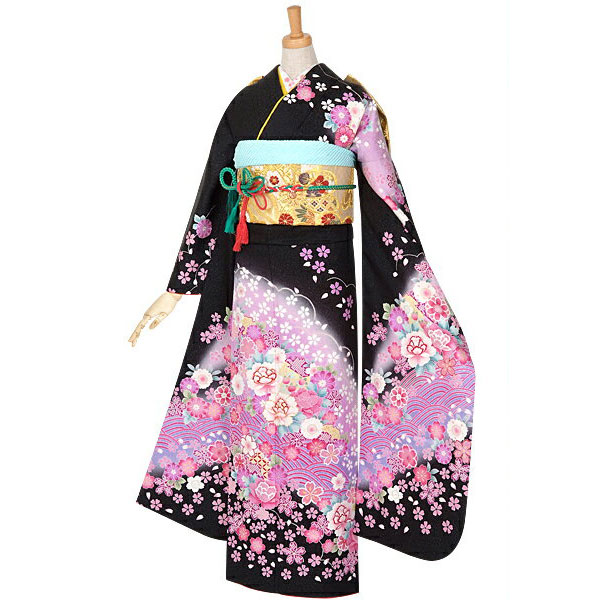 楽天市場】【振袖 レンタル】 結婚式 結納R861 正絹 黒 桜牡丹に青海
