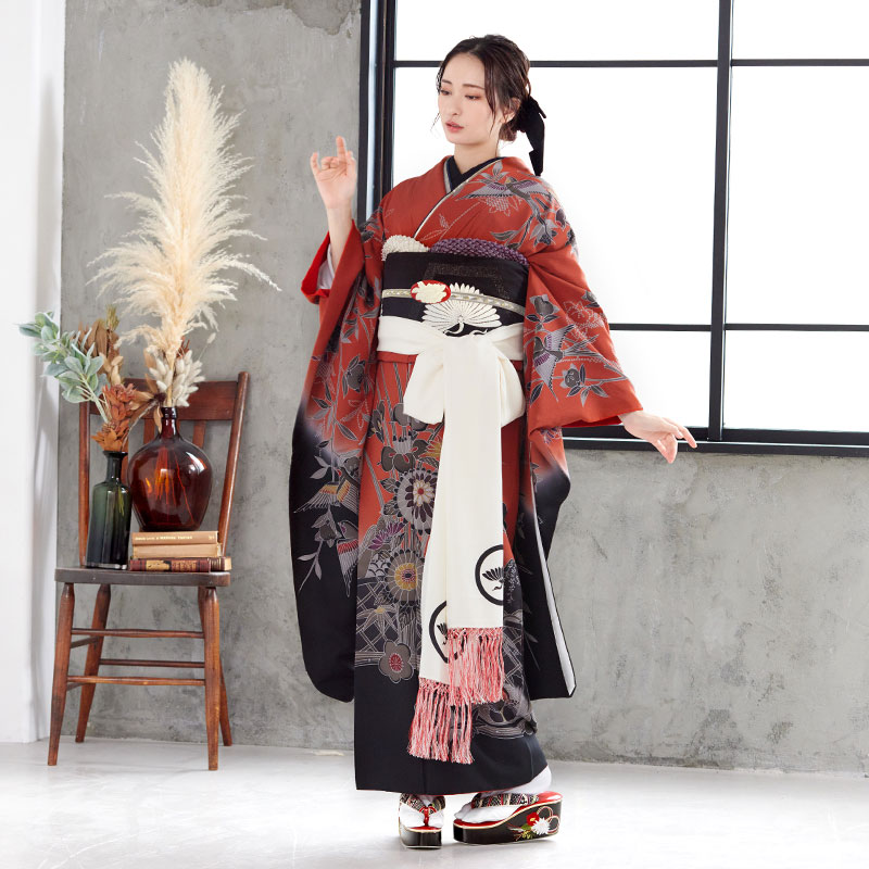 楽天市場】【振袖 レンタル】 結婚式 結納R874 正絹 朱赤×黒 四季花鳥