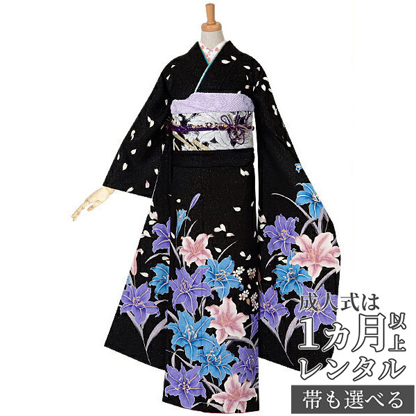 楽天市場】【成人式 振袖 レンタル】RS989 正絹 黒 百合フルセット