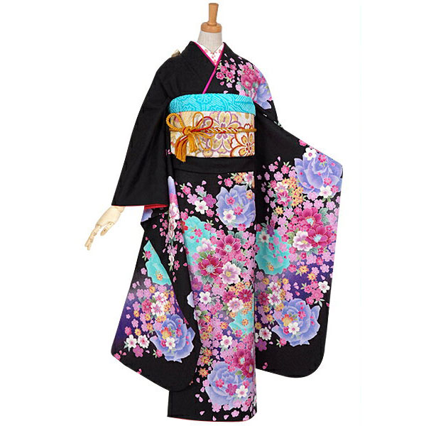 楽天市場】【成人式 振袖 レンタル】RS920 正絹 黒 桜と青い薔薇フル