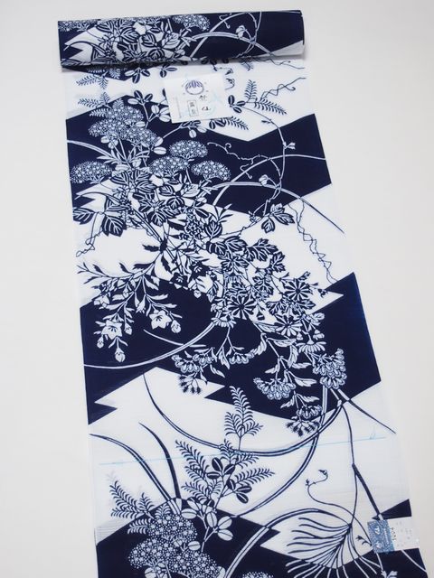 楽天市場】竺仙鑑製浴衣地 綿絽 注染染め 松川菱の場に秋草文様 白地に