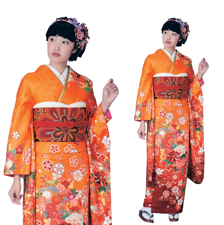 楽天市場】振袖3点セット 渋濃オレンジ地吉祥華紋様 振袖 袋帯 長襦袢