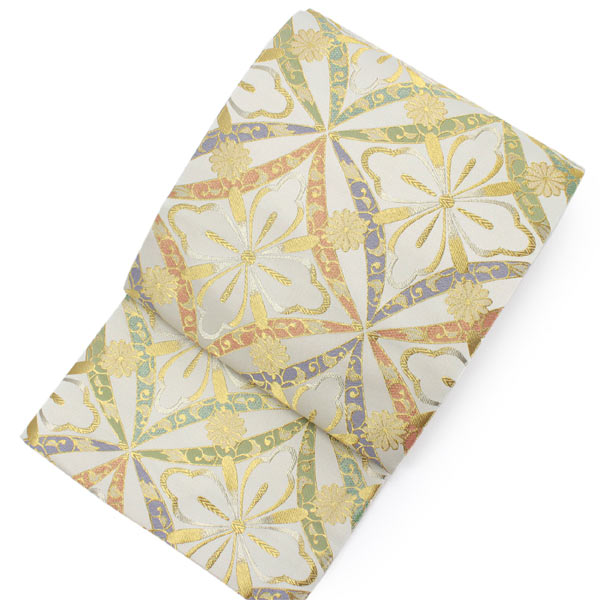 楽天市場】袋帯 フォーマル 全通 薄クリーム 金 銀 カラフル 七宝 花菱