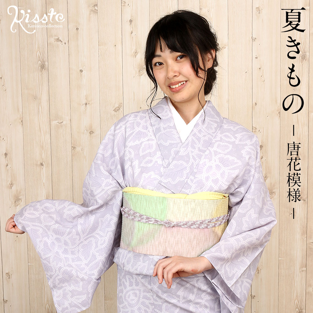 小紋夏用紗縦横縞抽象唐花モノトーンブラック系着物055w d