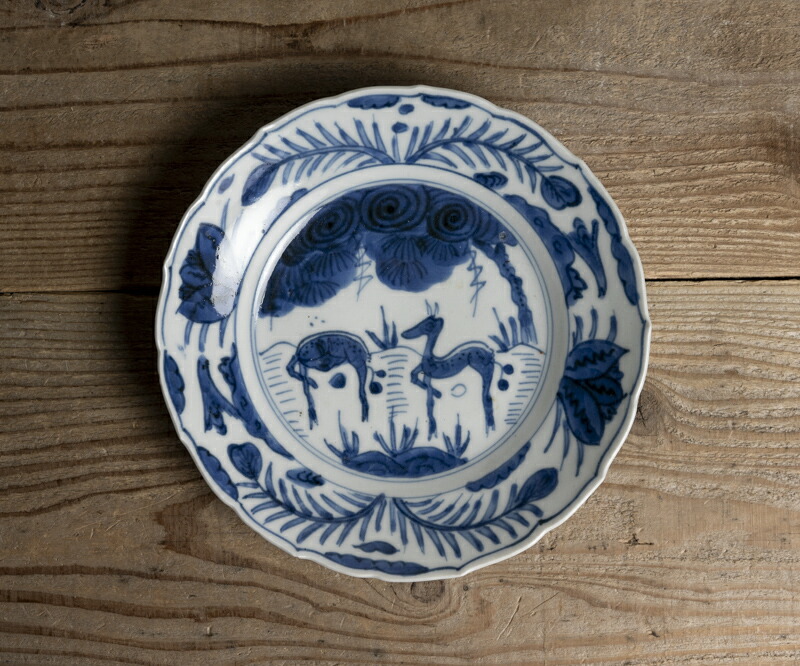 楽天市場】中国古玩 | 唐物○青花鹿文輪花型皿○兜型皿 | 清朝後期頃