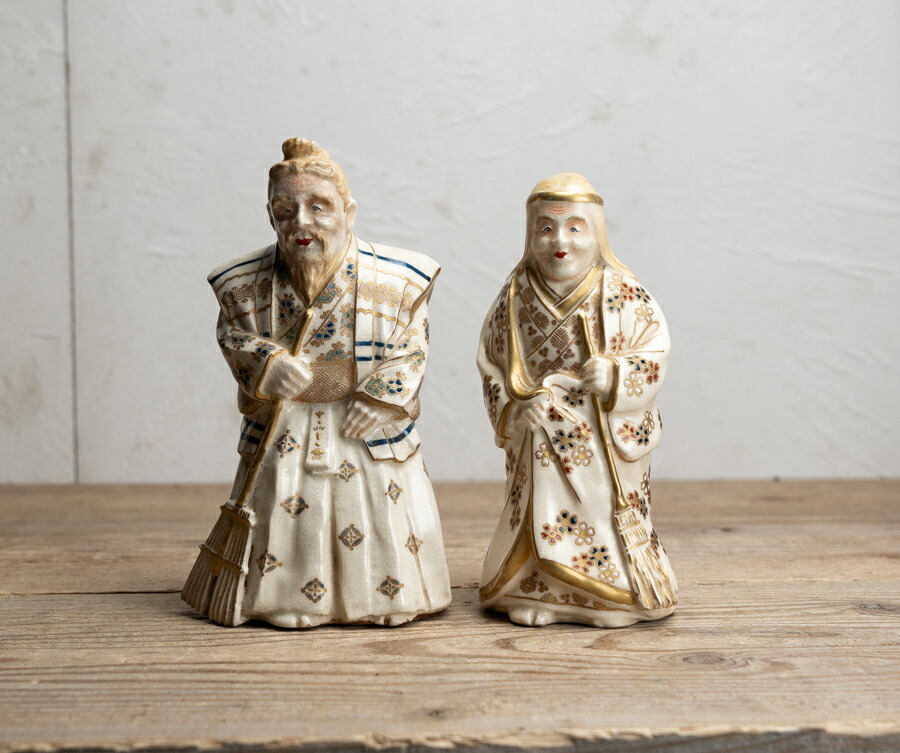 楽天市場】骨董○白薩摩高砂置物一対○ H17.1cm / 薩摩焼 / 金襴手