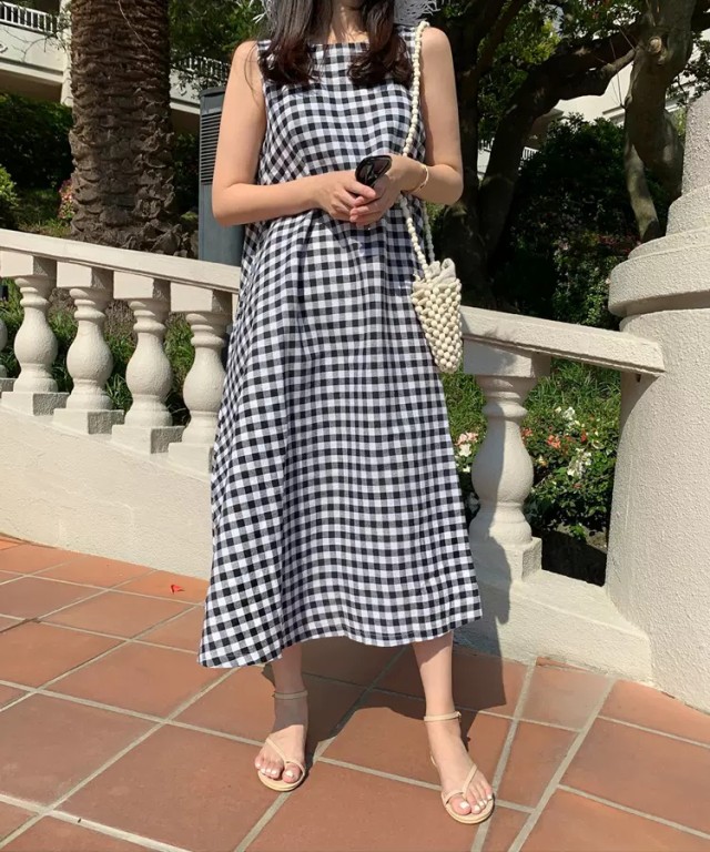 楽天市場】ギンガムチェック ノースリーブ ワンピース ロング 夏