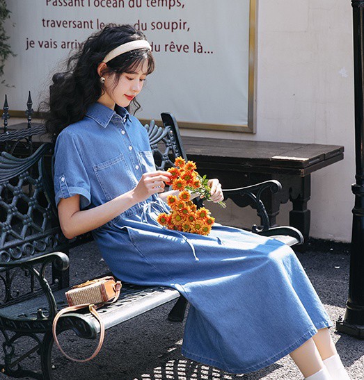 楽天市場】デニム シャツワンピース 半袖 襟付き ワンピース