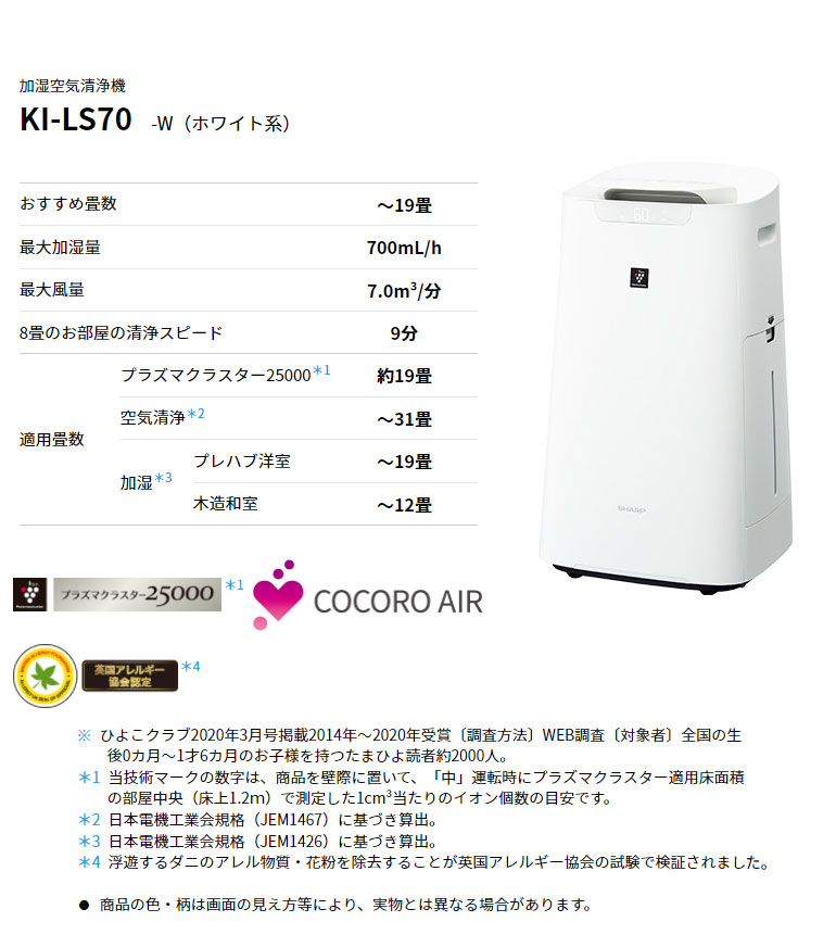 楽天市場】シャープ 加湿空気清浄機 KI-LS70-W ホワイト 空気清浄31畳
