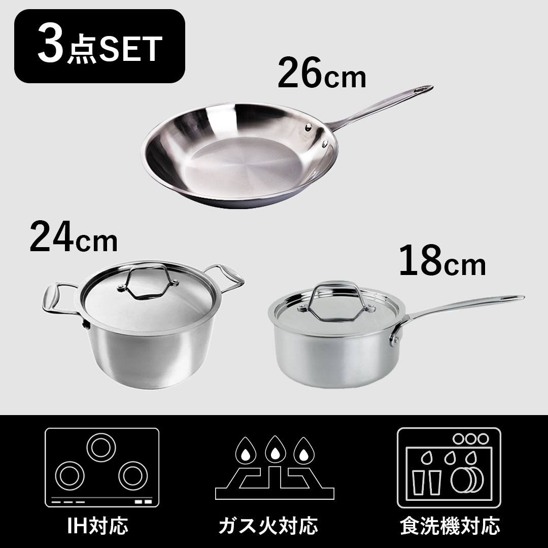 楽天市場】Tri-Ply ステンレス フライパン 26cm 片手鍋 18cm 両手鍋