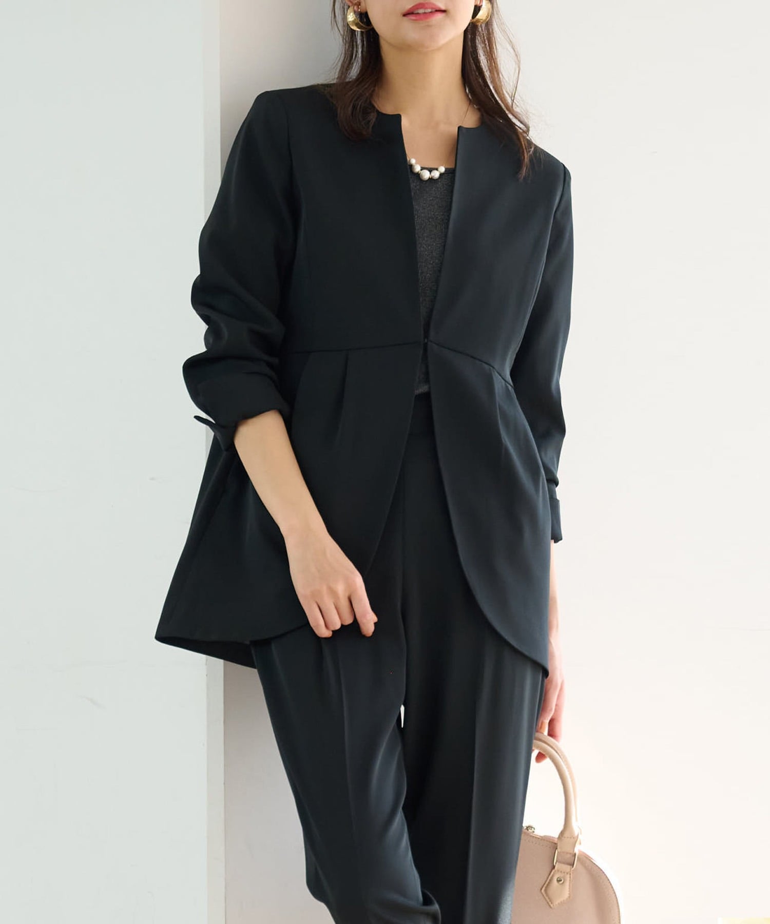 【ナッツ☆ページ】感動ジャケット　ネイビー＆ブラック2着　セットアップ 2点セット＞洗える！フレアーシルエットジャケットセットアップ