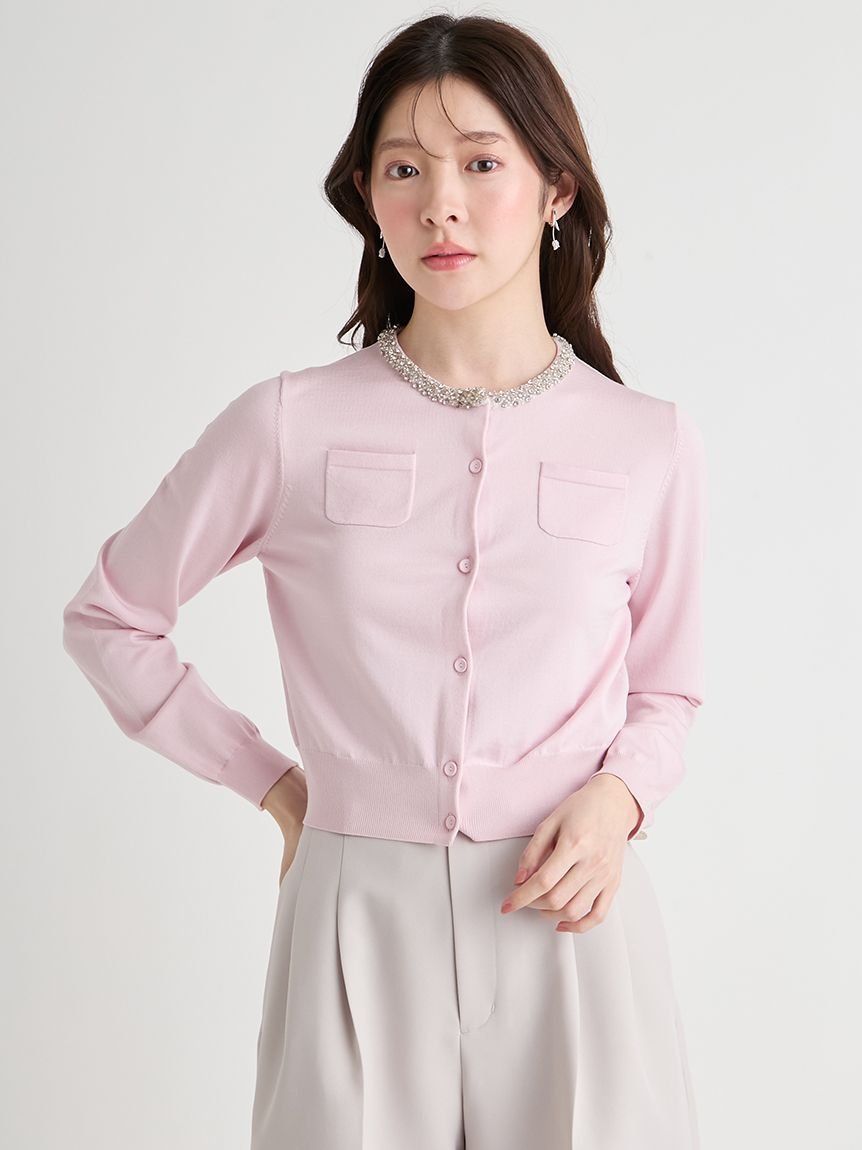 CELFORD｜【UVカット】シルクブレンドビジューネックカーディガン